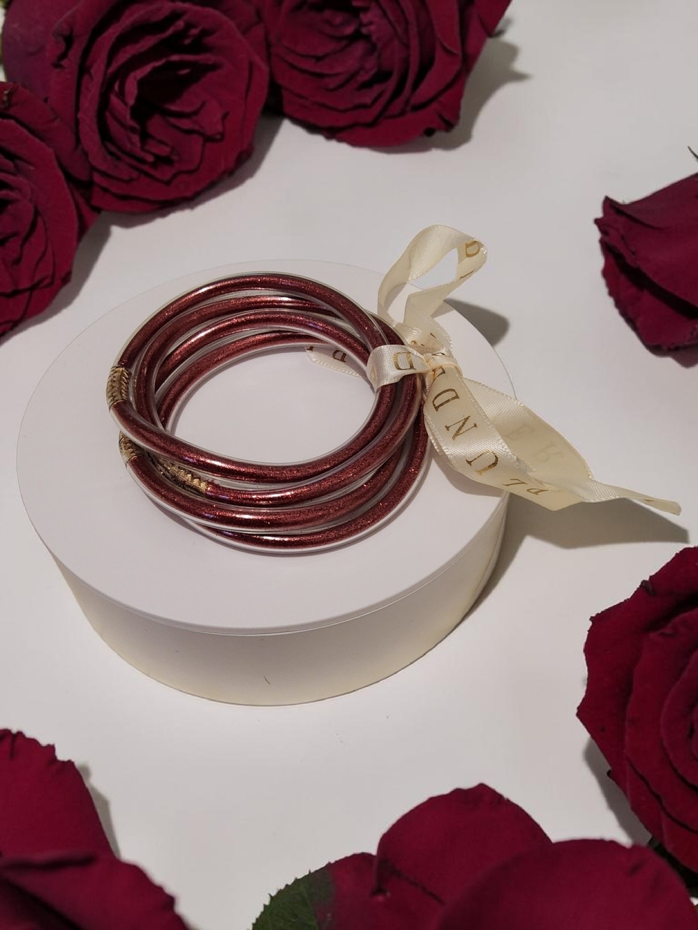 Plunder Metallic Wine-Red Stackable Bangle Set with Gold Accents